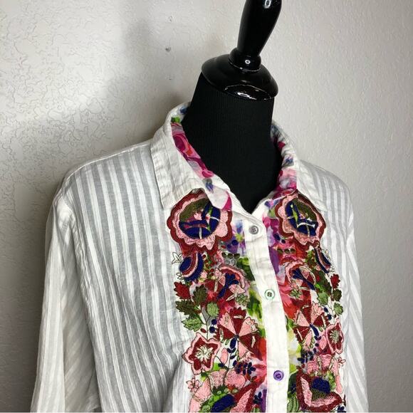 Antica Sartoria white striped floral embroidered button down tunic top size XL - Picture 2 of 16